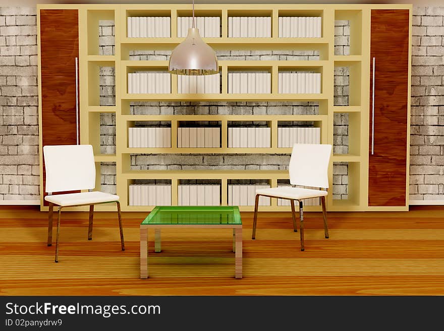 Two white chairs with table and books at the background