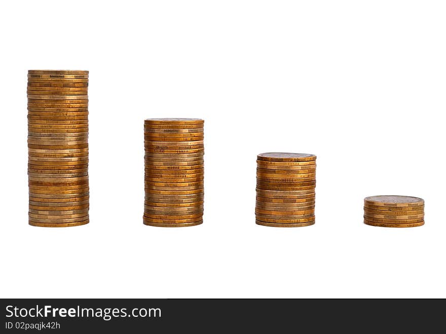 Four piles of gold coins on a white background