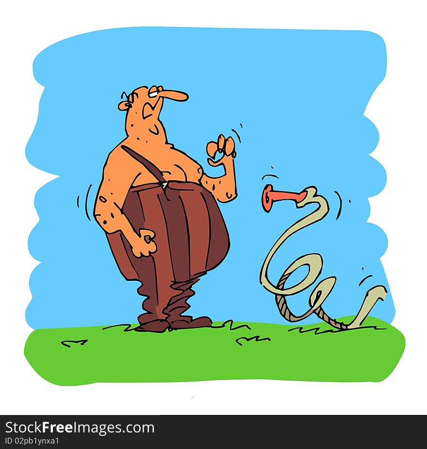 Man with water hose (as a snake). Man with water hose (as a snake)