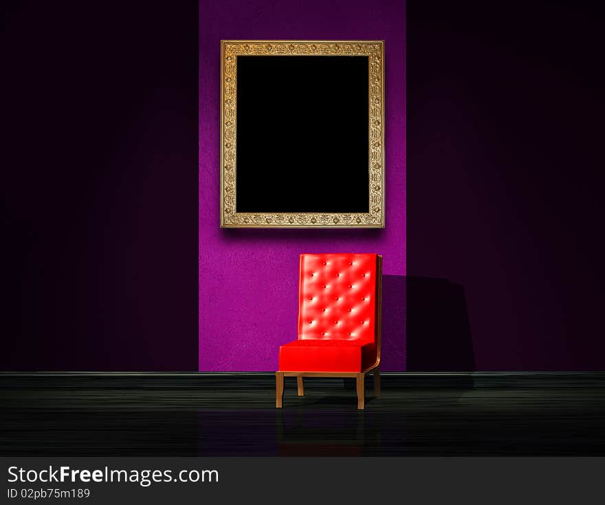 Red armchair with antique frame in dark interior. Red armchair with antique frame in dark interior