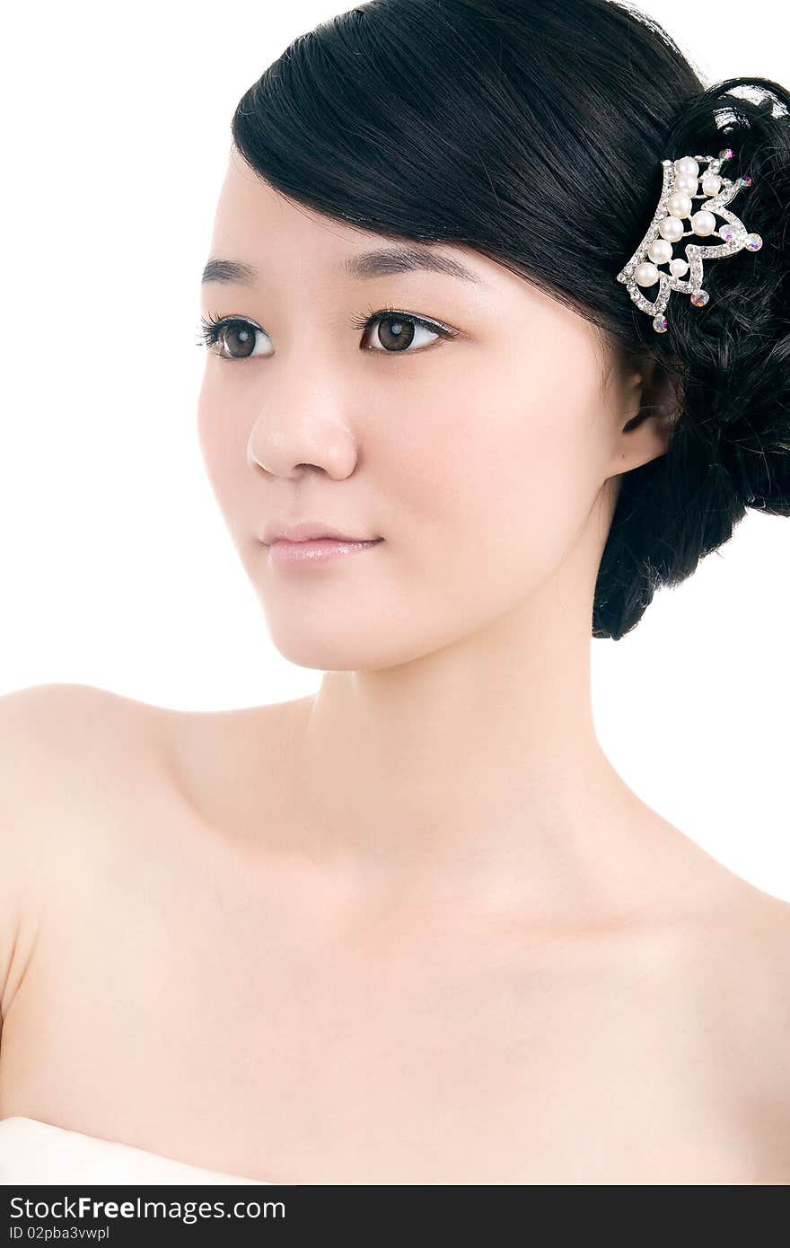 Beautiful bride with perfect natural makeup,headwear on head