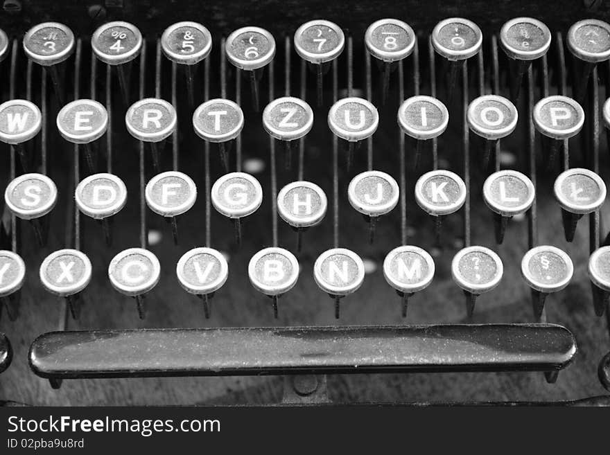 Keyboard of a vintage typewriter in close up