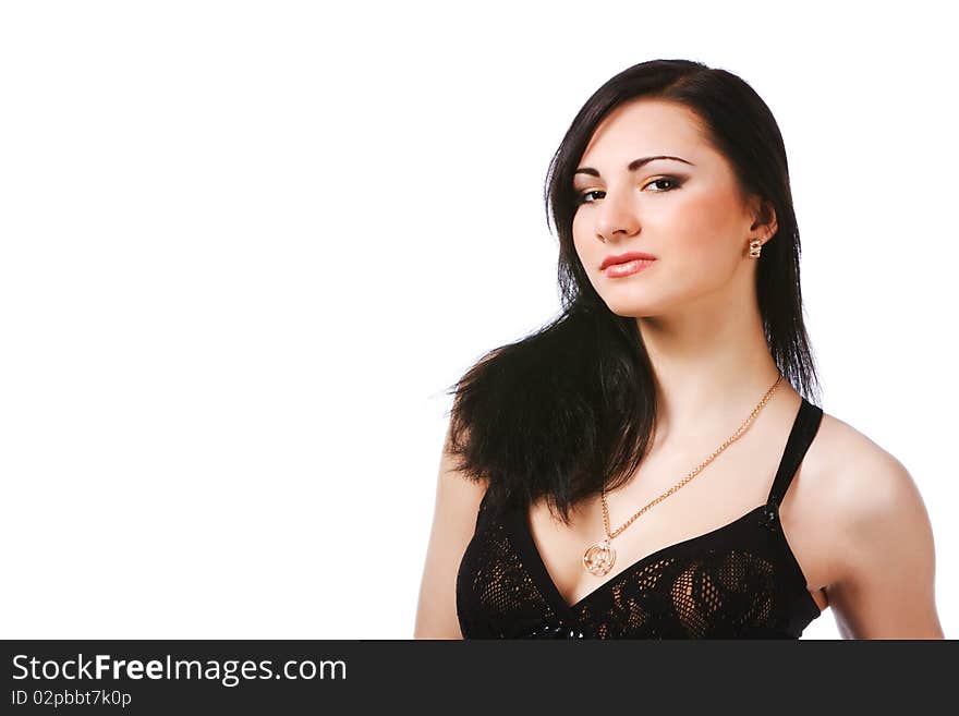 Picture of pretty young woman in black dress on white background