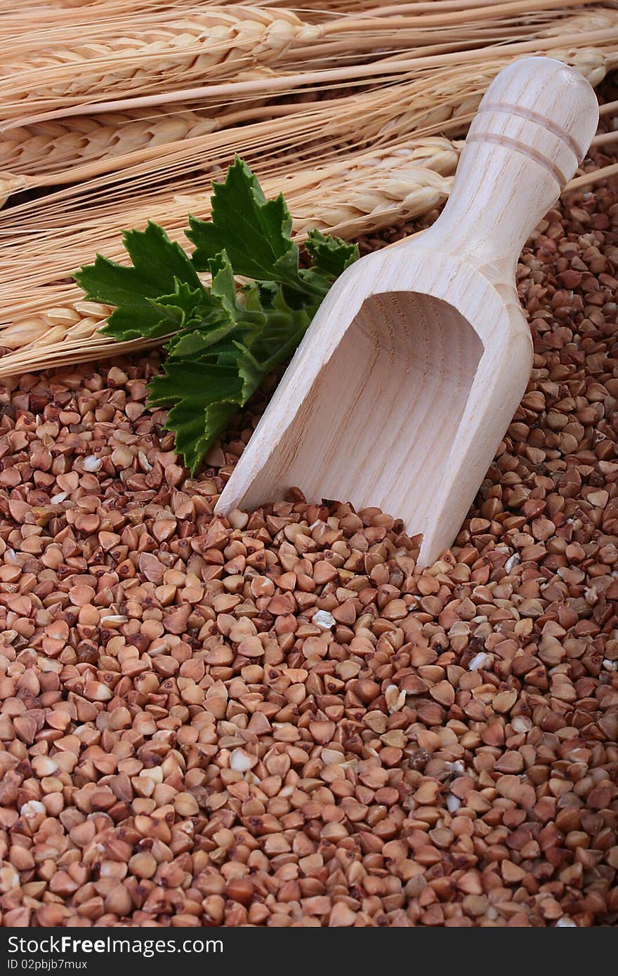 Buckwheat groats with a wooden deep spoon for packaging.