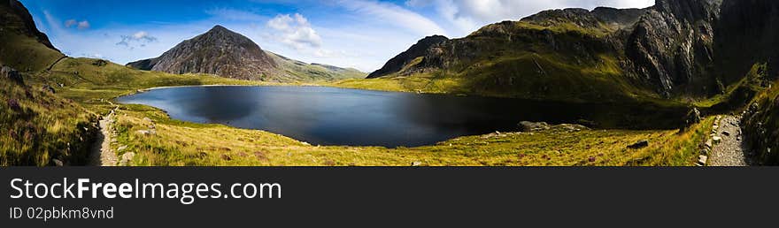 Panoramic landscape view of lake mountains and clear blue sky. Panoramic landscape view of lake mountains and clear blue sky