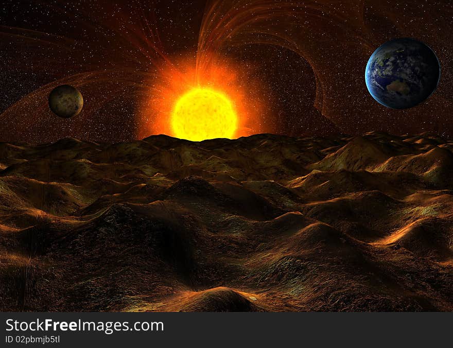 View from surface of planet on sun and Earth in space