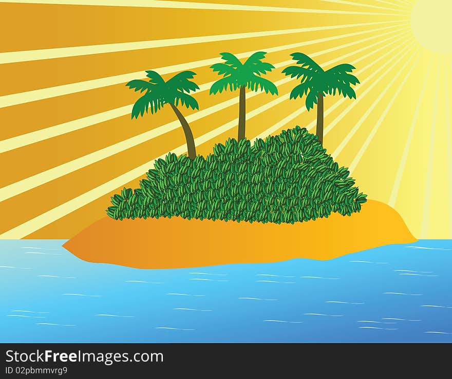 Tropical island in ocean with rising palm on him