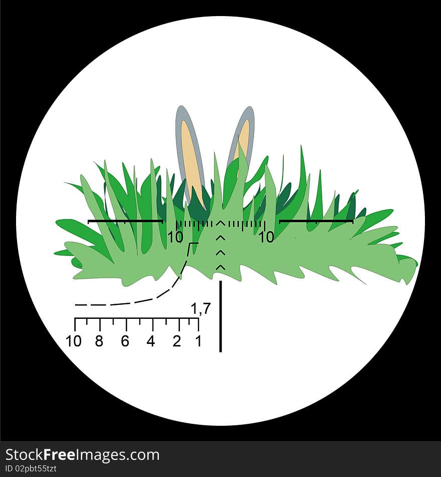 The optical sight, the grass and hare's ears are shown in the picture. The optical sight, the grass and hare's ears are shown in the picture.