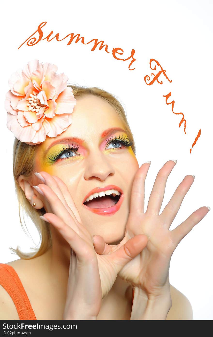 Concept of summer fashion woman with creative eye make-up in yellow and green tones screaming summer fun. copy-space