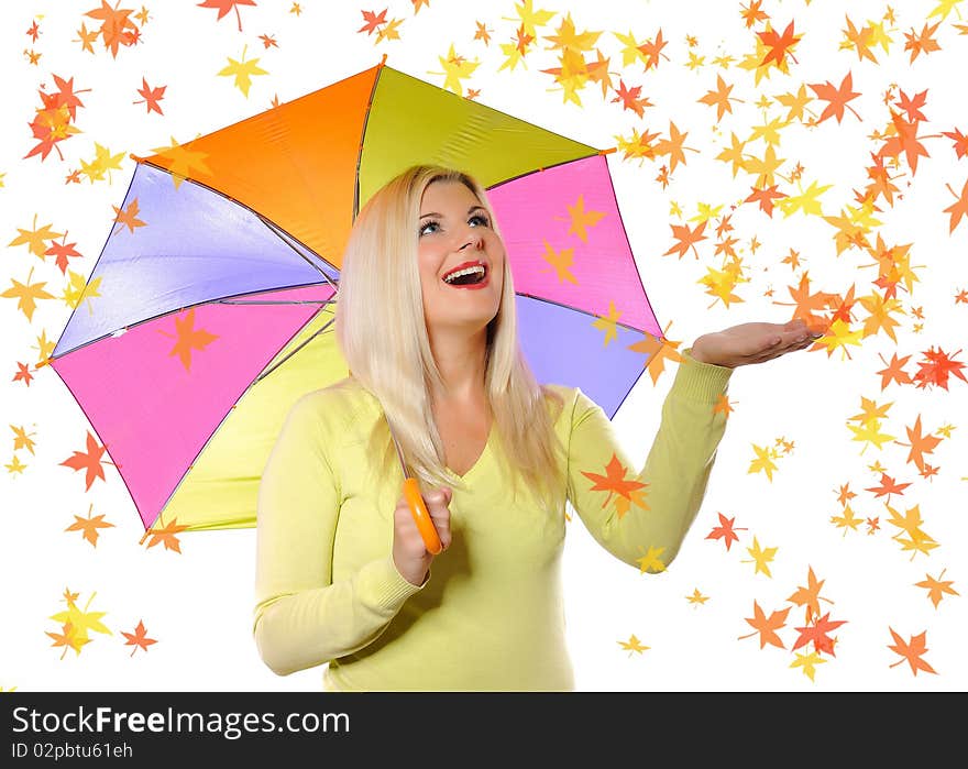 Portrait of pretty autumn woman under umbrella