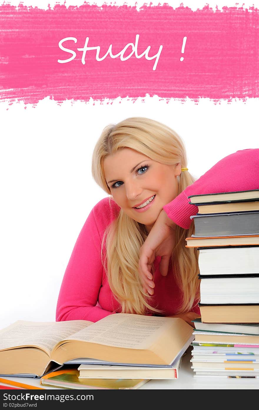 Portrait of young student girl with lots of books  studing for exams