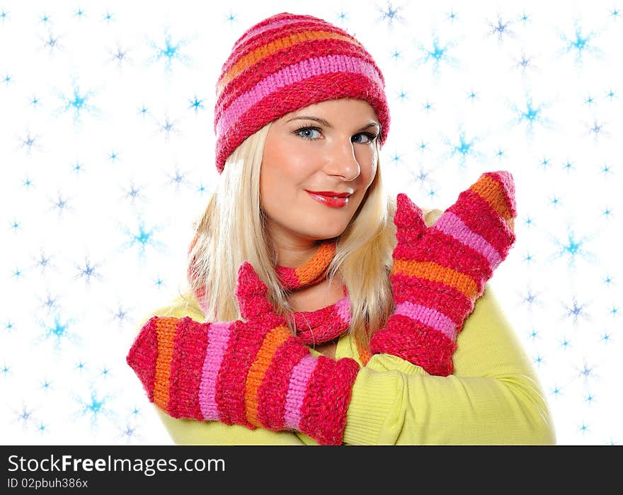 Seasonal portrait of pretty funny woman in hat and gloves smiling. white background. Seasonal portrait of pretty funny woman in hat and gloves smiling. white background