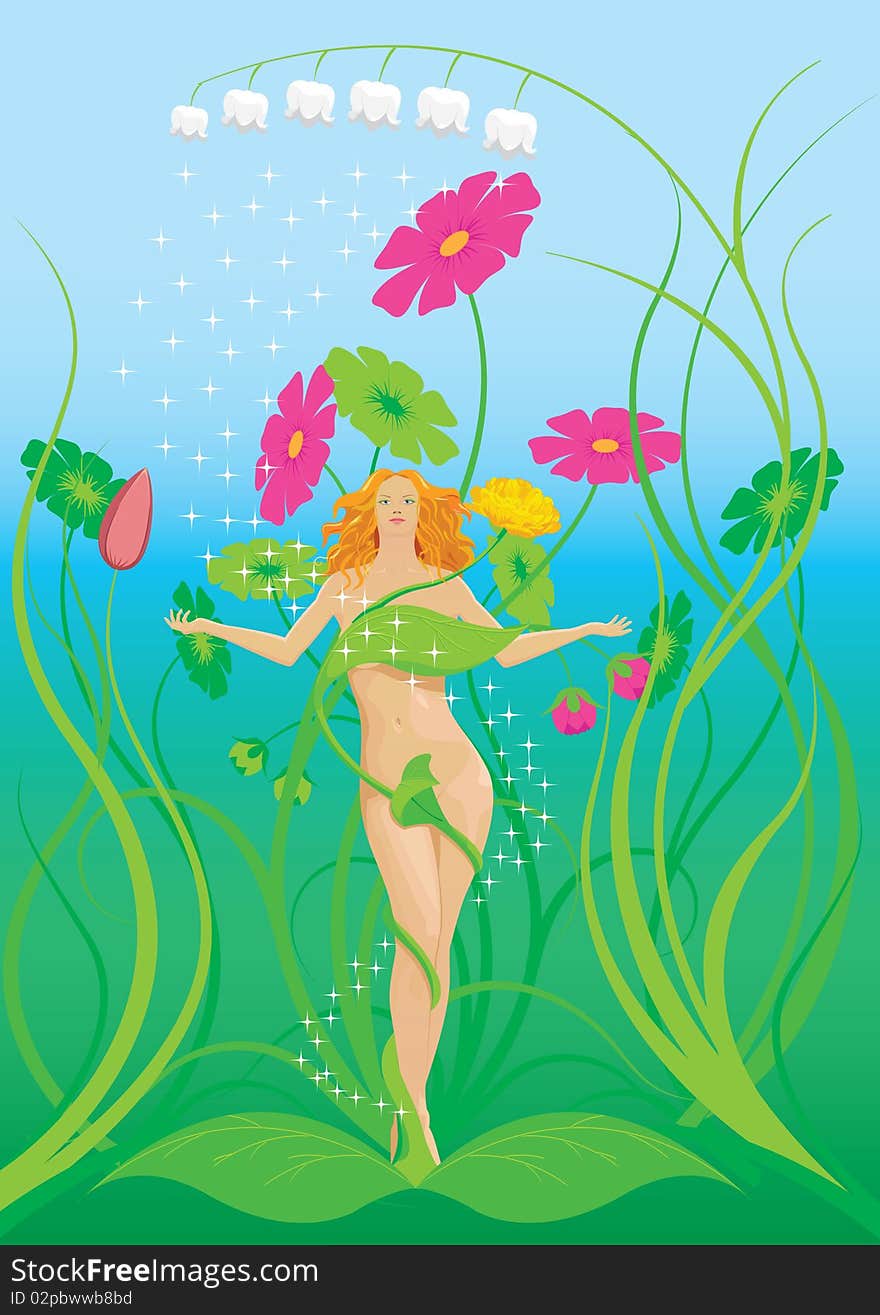 Illustration of a girl on a background flowers