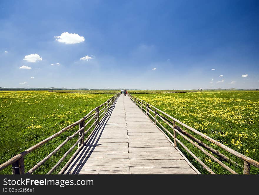 Wooden bridge on the Prairie in China