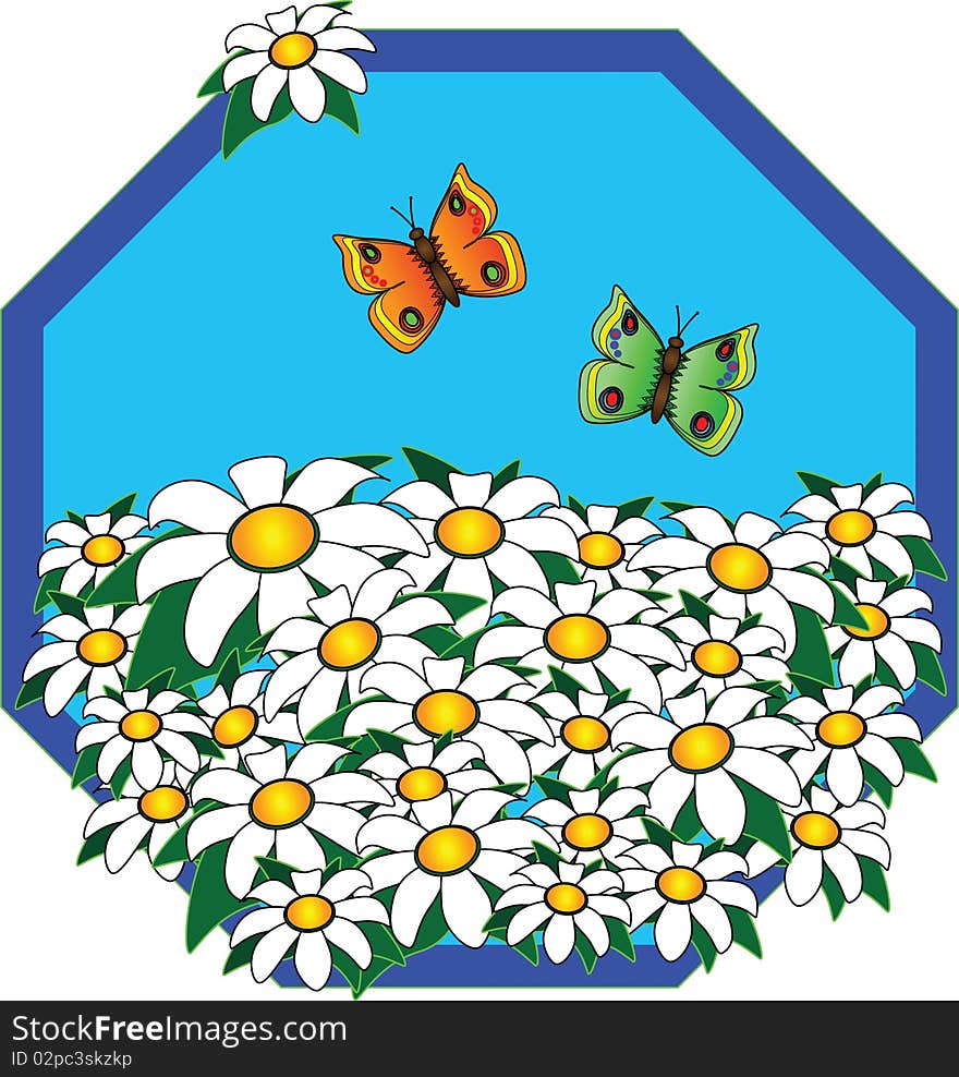 Two butterflies flying above the flowers on a blue background