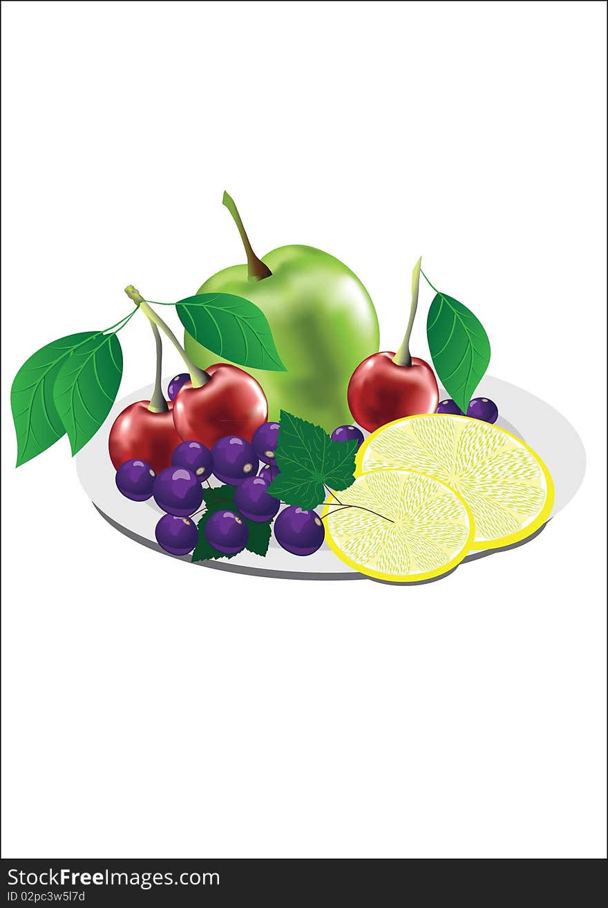 Some fruits on a plate on a white background