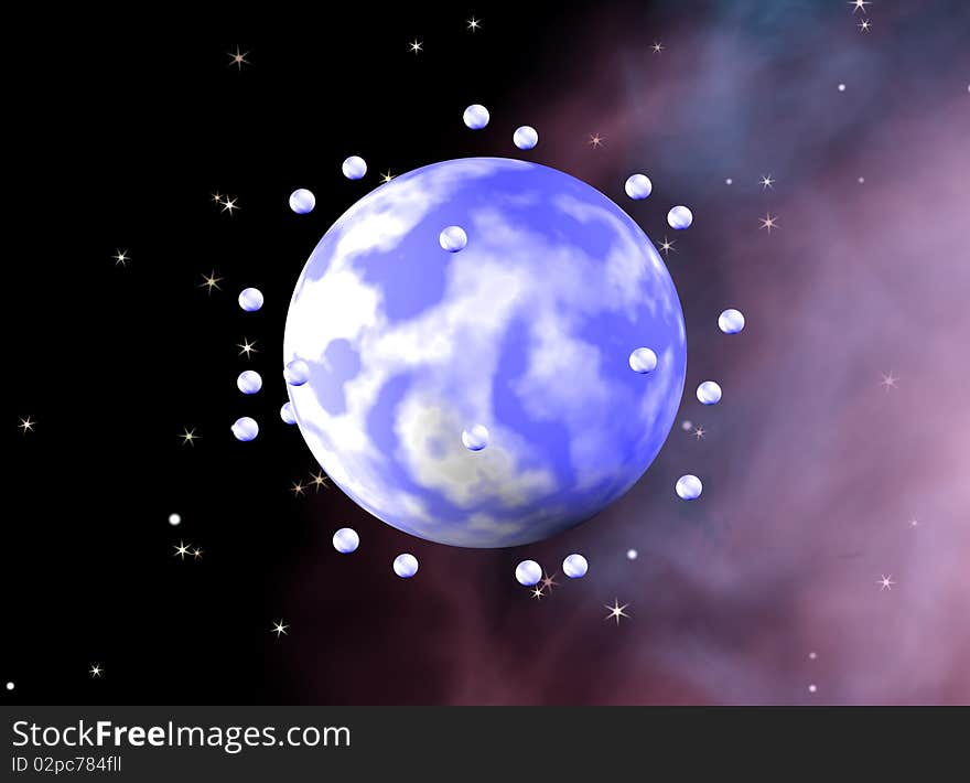 3D rendered blue cloudy planet and satellites on nebular space background. 3D rendered blue cloudy planet and satellites on nebular space background