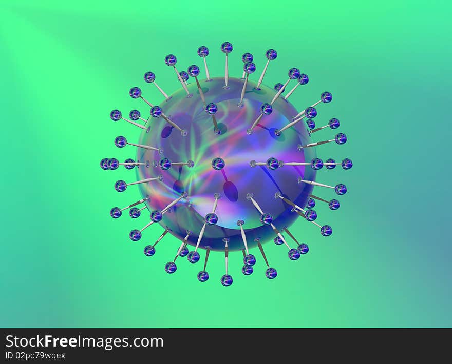 3D rendered blue reflective virus structure on green background