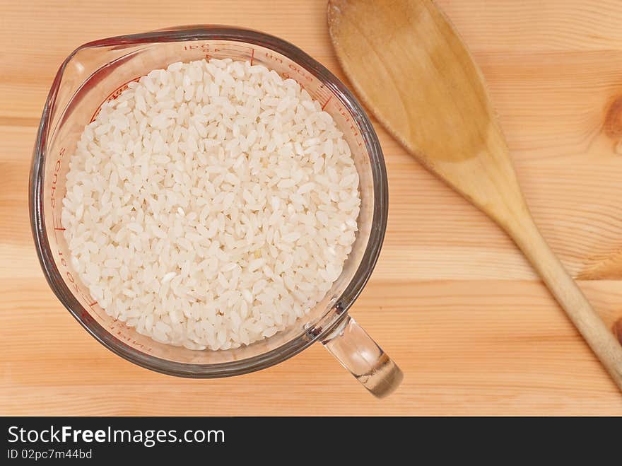 Top View of Rice in Glass Measuring Cup. Top View of Rice in Glass Measuring Cup