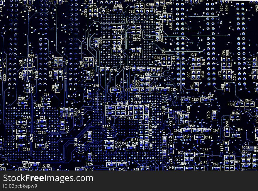 Computer circuit board background in blue and yellow.