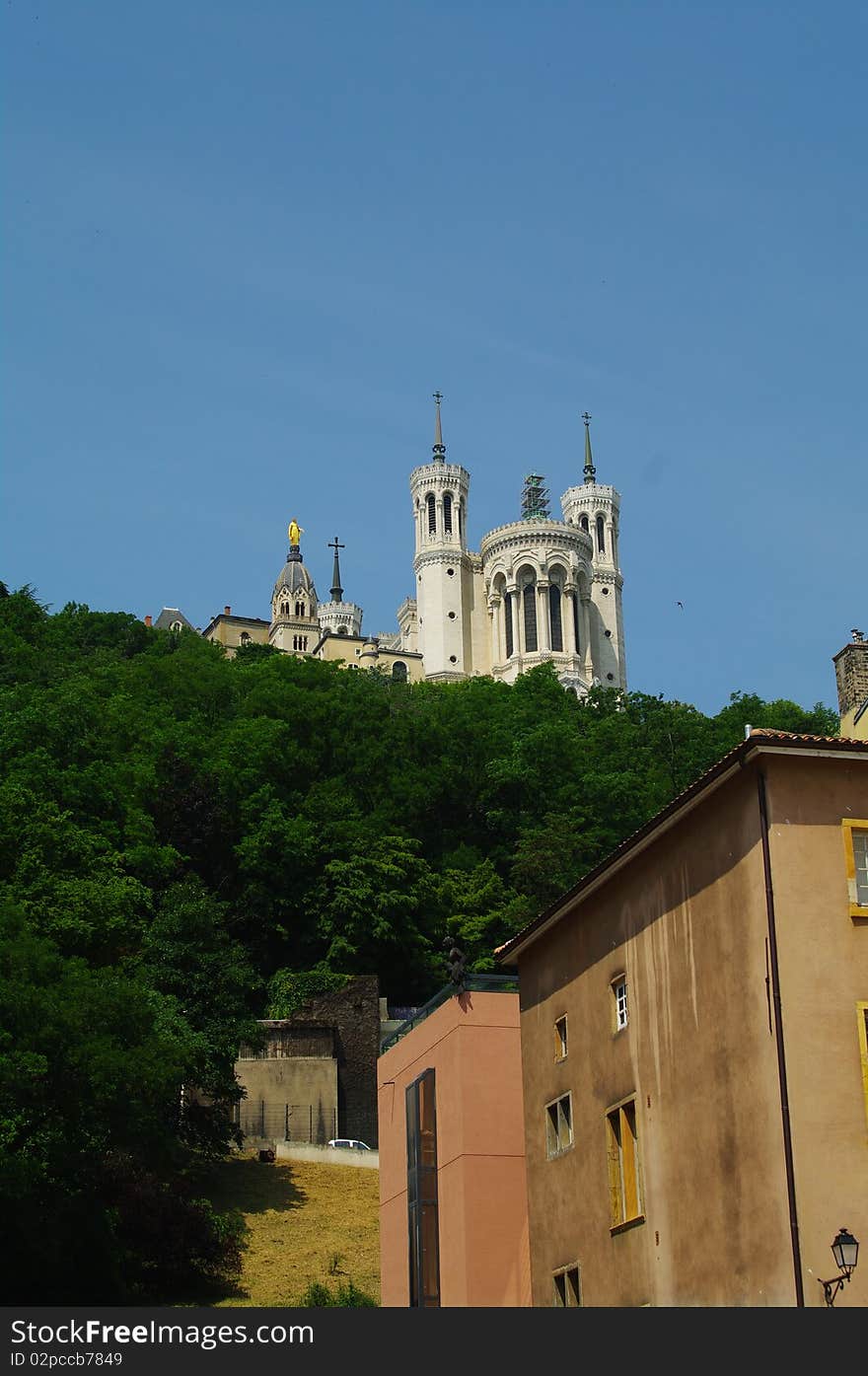 Fourviere basilica against blue sky in lyon in france