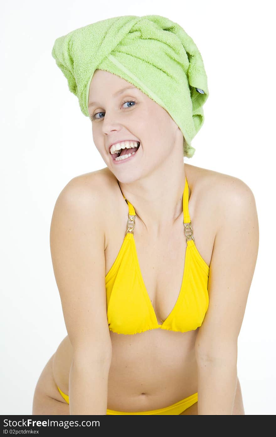 Woman with towel on head