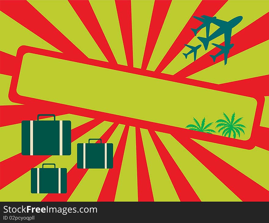 Abstract  illustration with planes,handbags and palm trees on a lemon green background with red rays. Abstract  illustration with planes,handbags and palm trees on a lemon green background with red rays