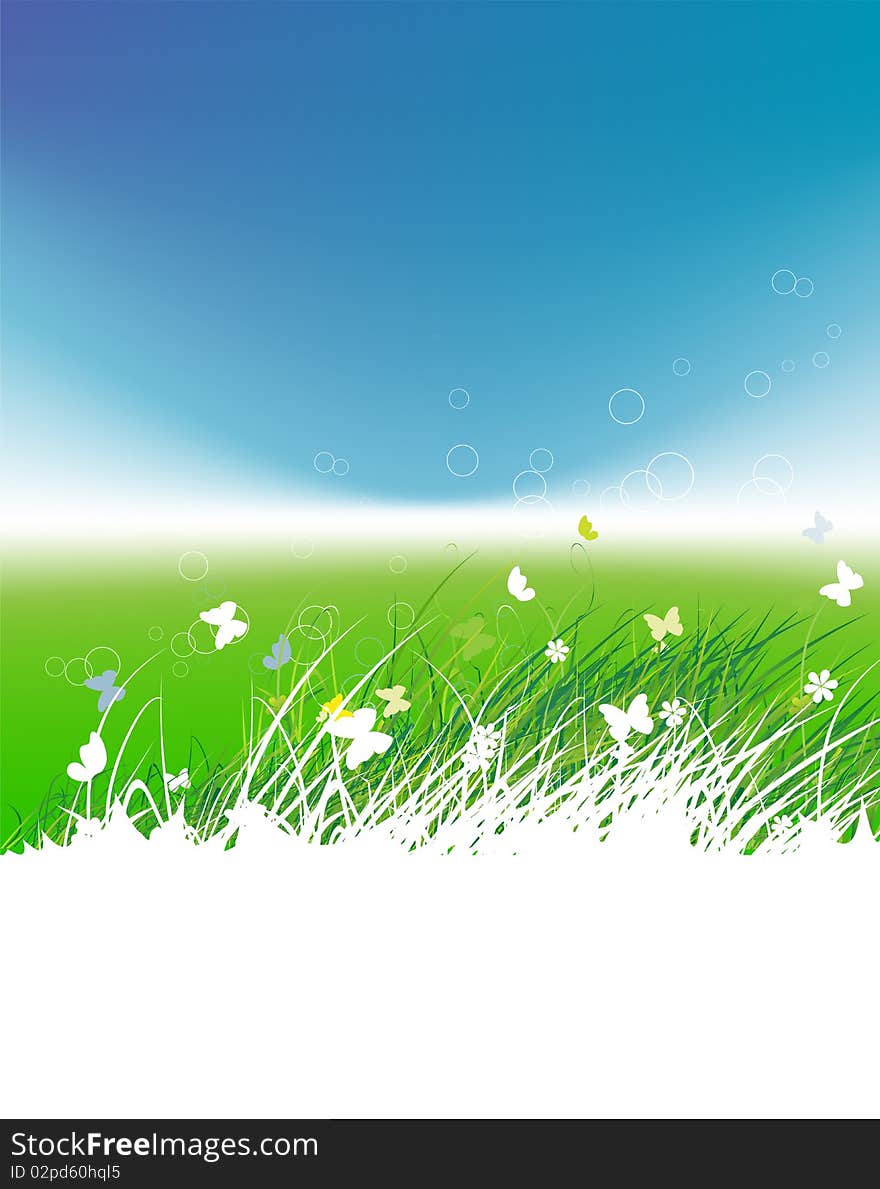 Green field with butterflies, summer background