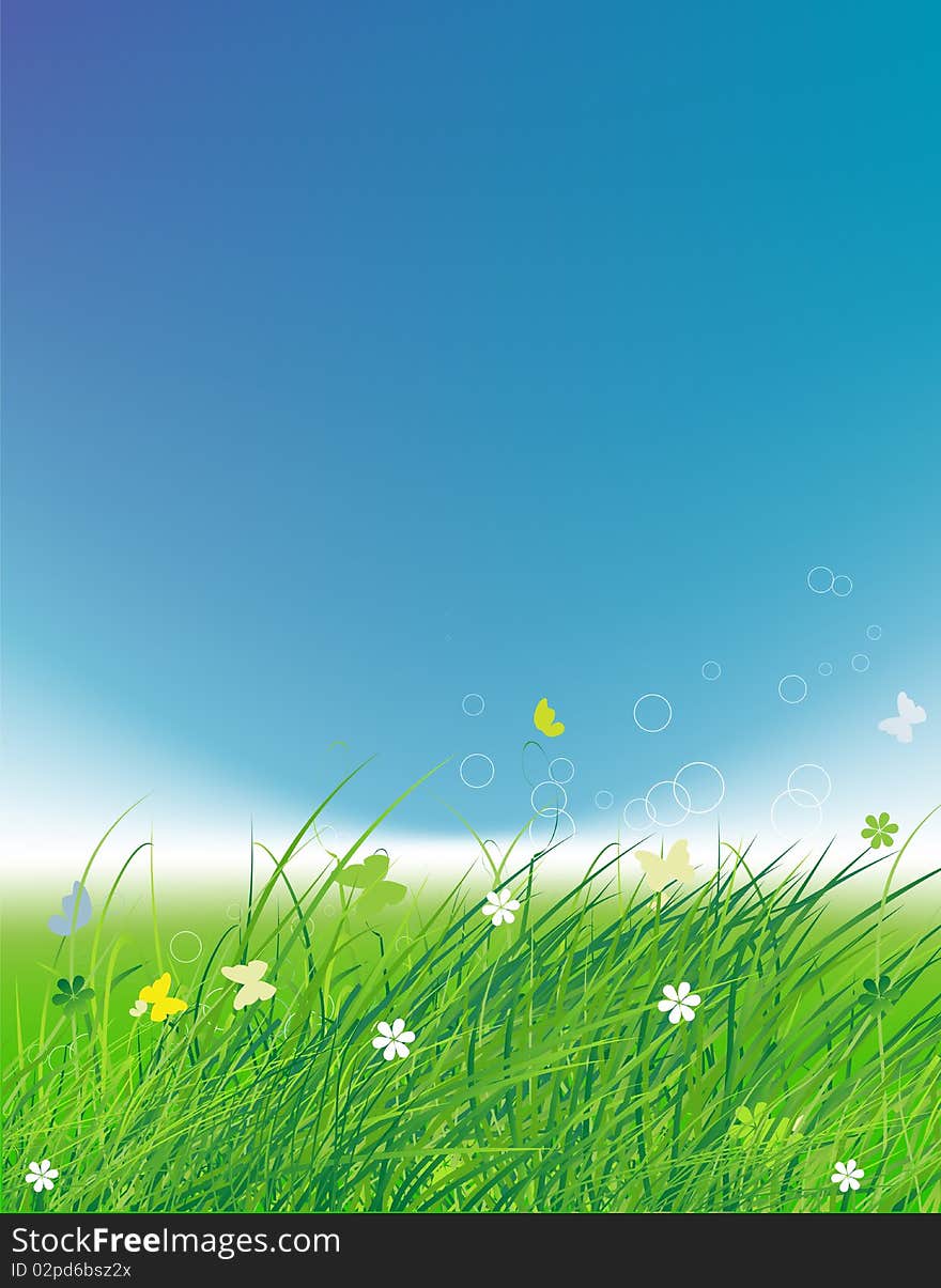 Green field with butterflies, summer background, vector illustration