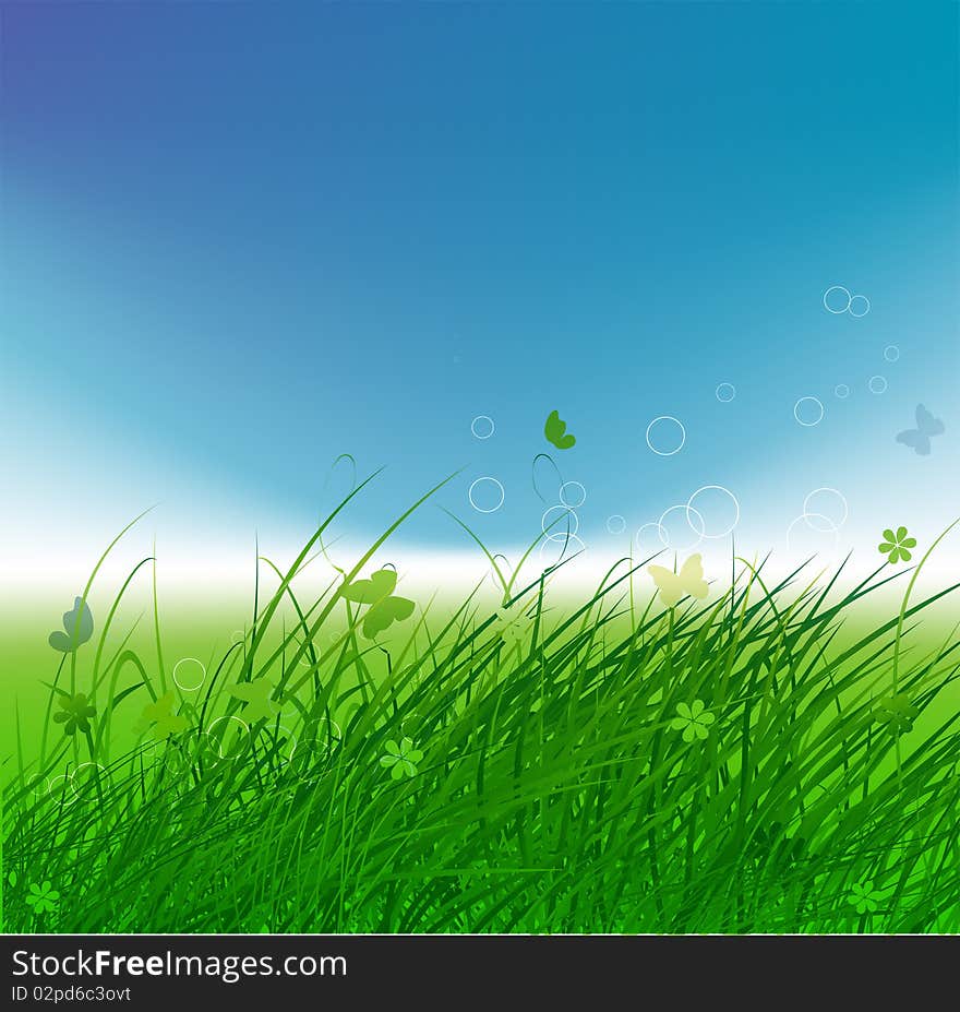 Green field with butterflies, summer background