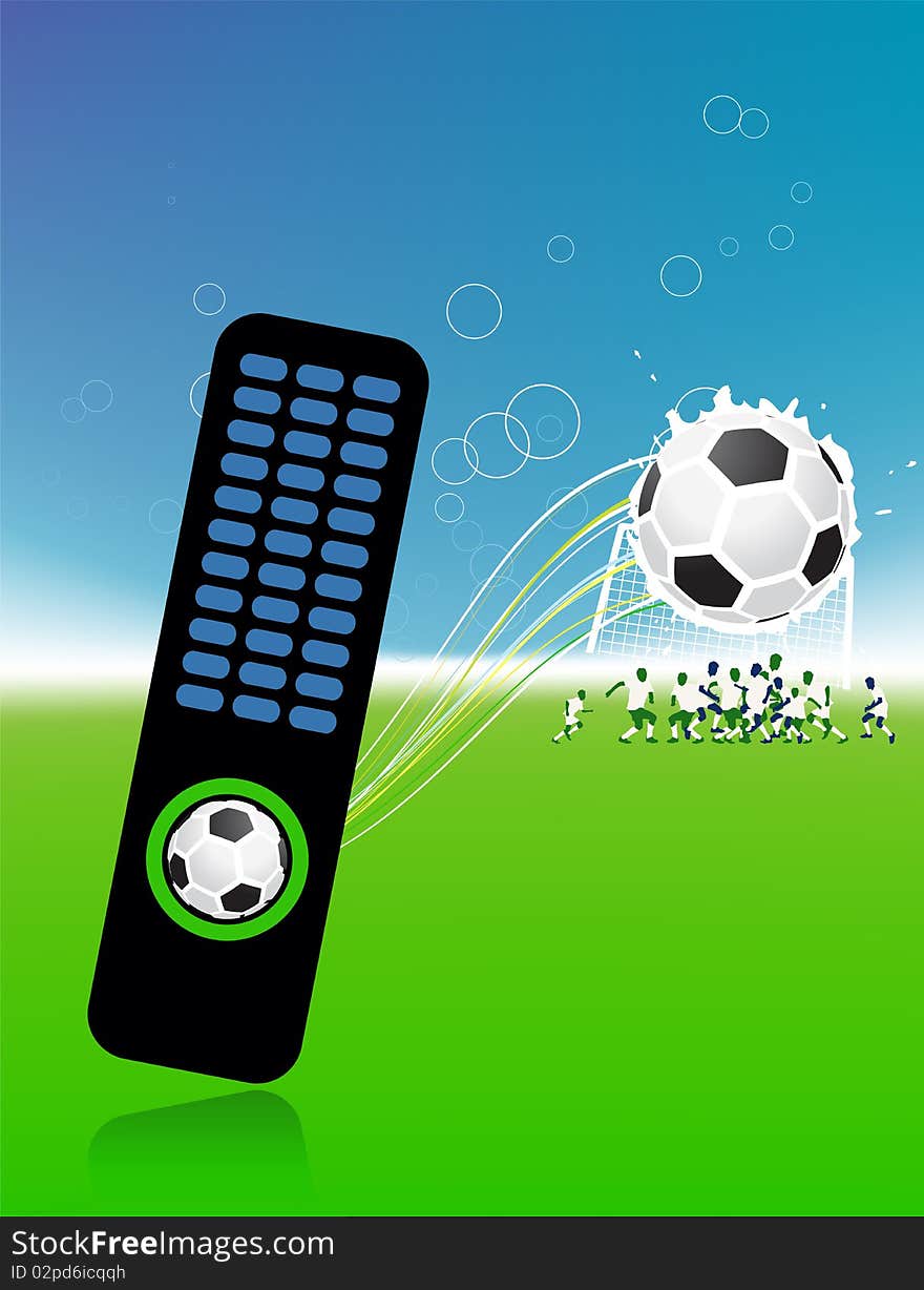 Football players on field, soccer ball and control console