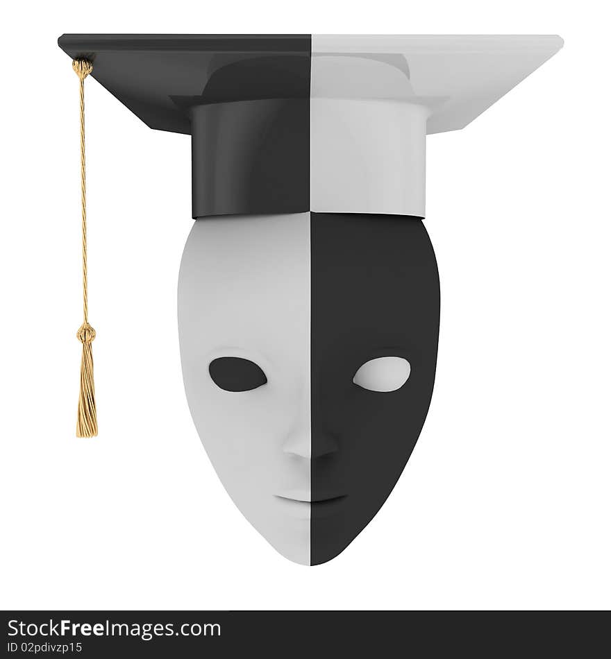 Black and white bachelor's hat and theatrical mask. Black and white bachelor's hat and theatrical mask