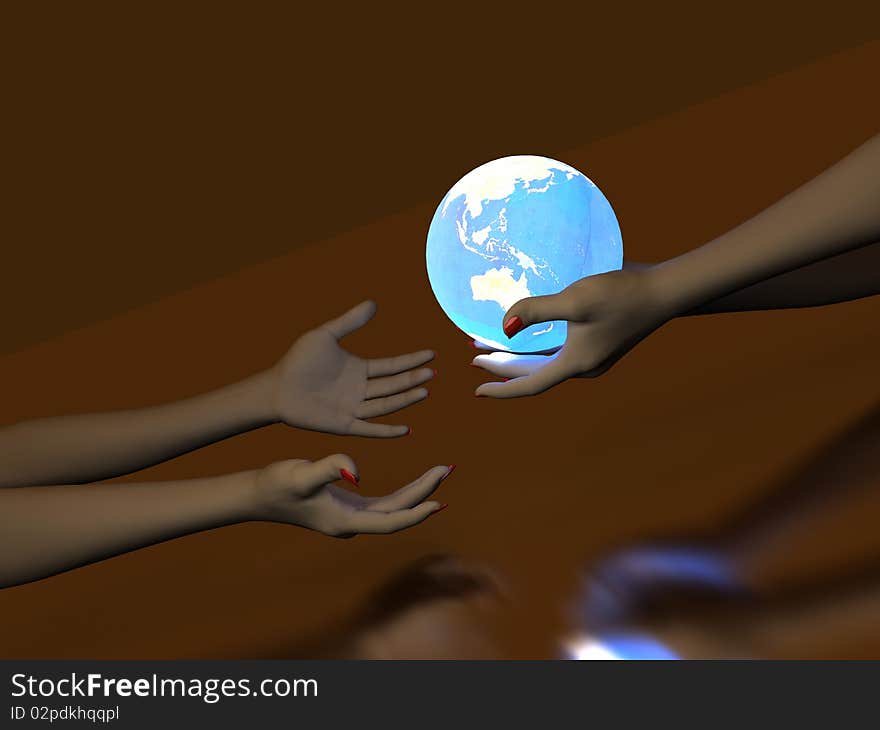 Two hands that transmit blue Glowing Globe. On dark background. Two hands that transmit blue Glowing Globe. On dark background