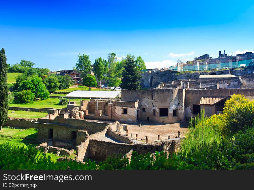 Historic ruined buildings with trees in Pompei