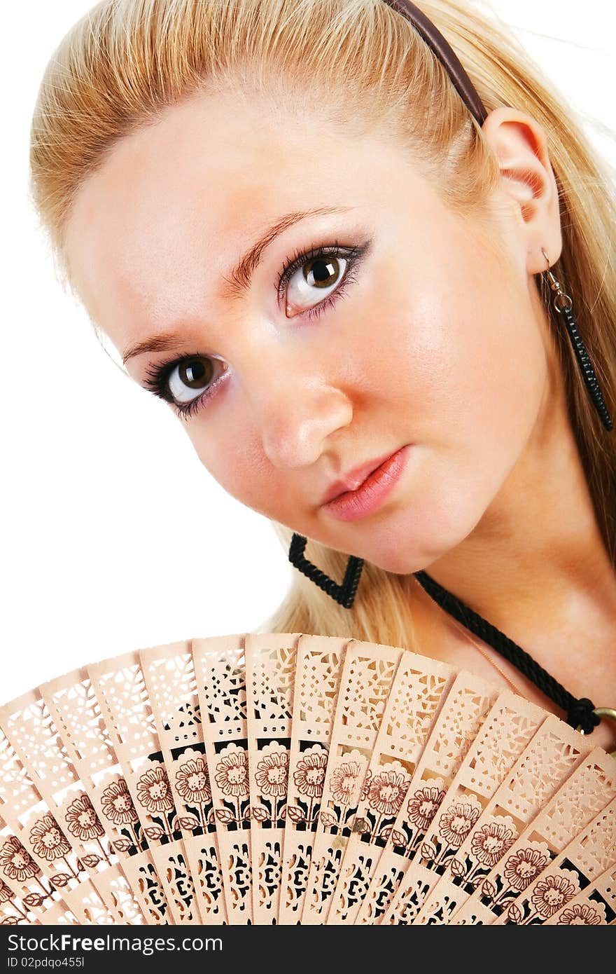 Young Beautiful Blond Girl With A Fan