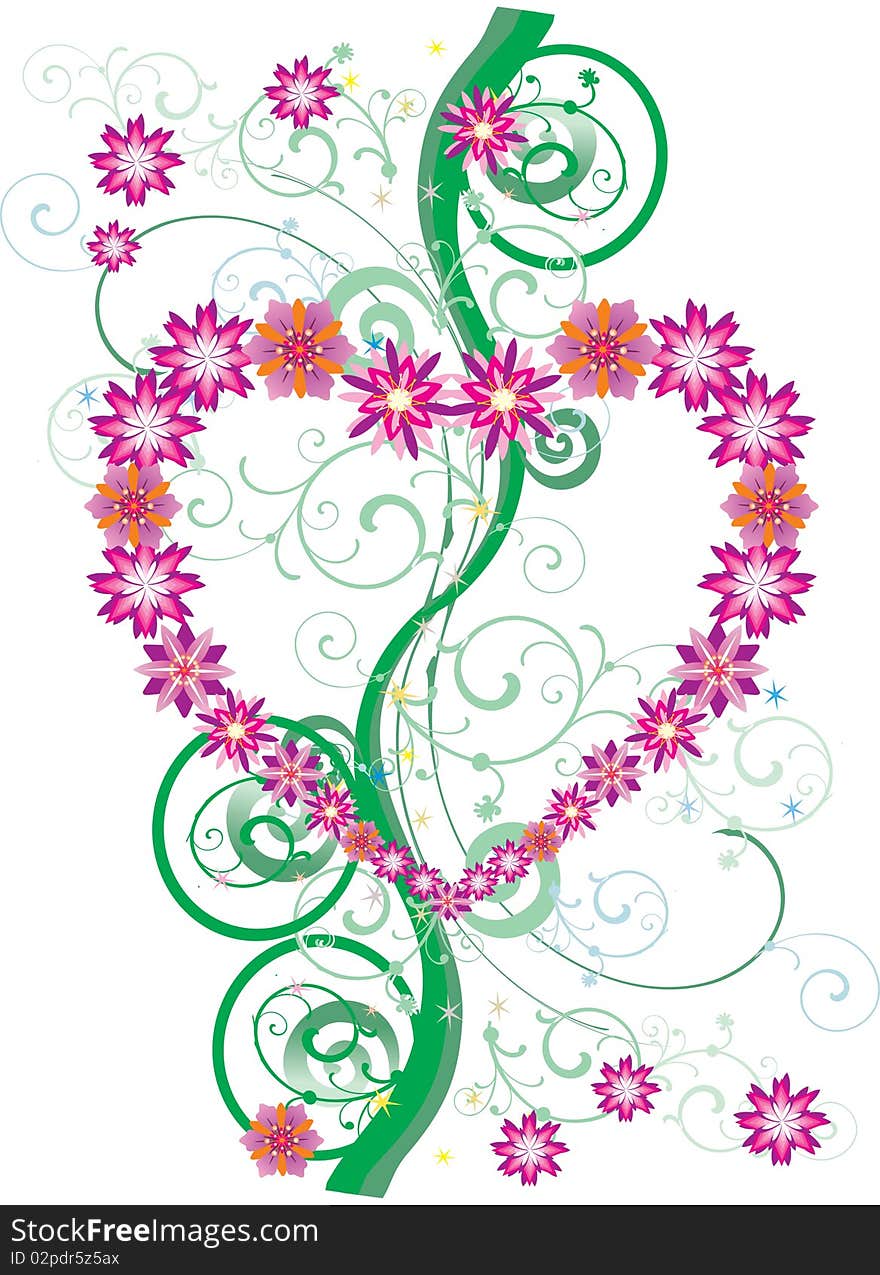 Illustration with pink flower heart and green curls