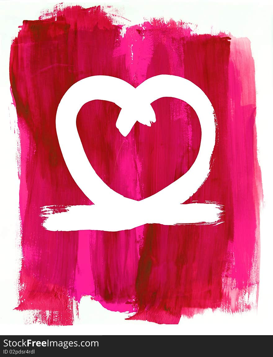 A painted love heart shape on a loosely painted pink background. A painted love heart shape on a loosely painted pink background