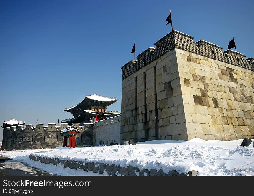 Hwaseong Fortress in the snow, Suwon, South Korea. Hwaseong Fortress in the snow, Suwon, South Korea.