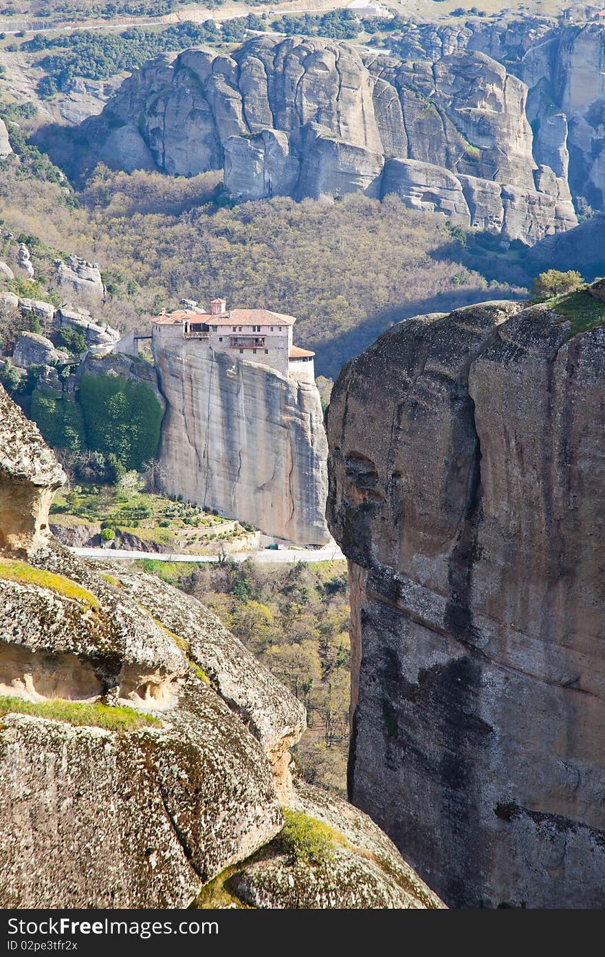 Spring landscape of the Rousanou monastery at Meteora in Greece.