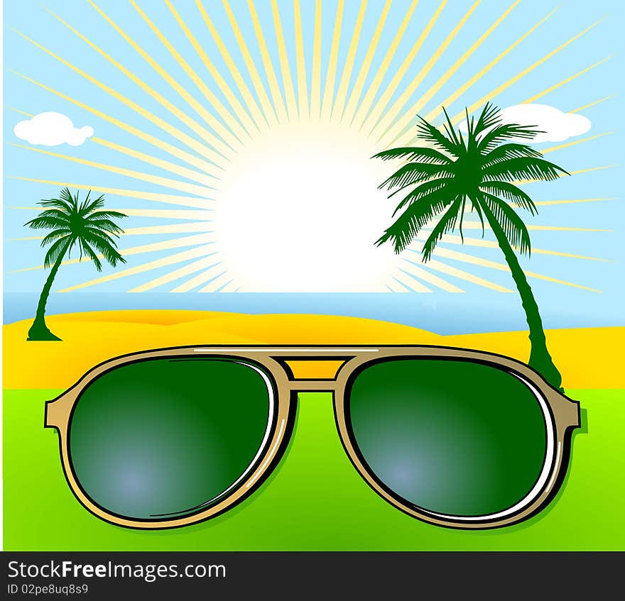 Holiday and sunglasses, coast and palm-trees