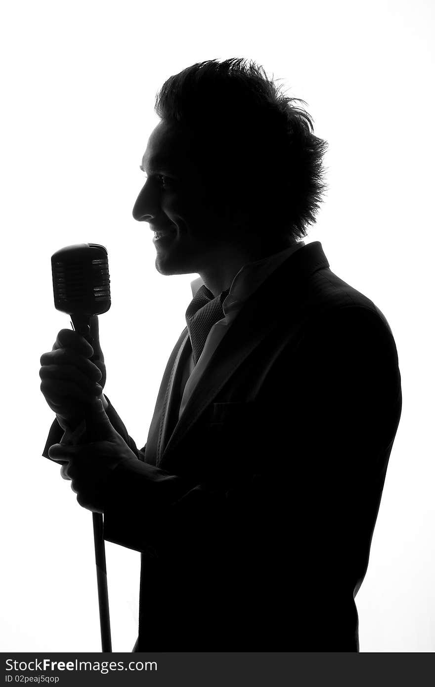 Black and white photo of singing man. Black and white photo of singing man