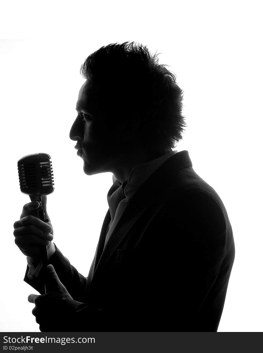 Black and white photo of singing man. Black and white photo of singing man