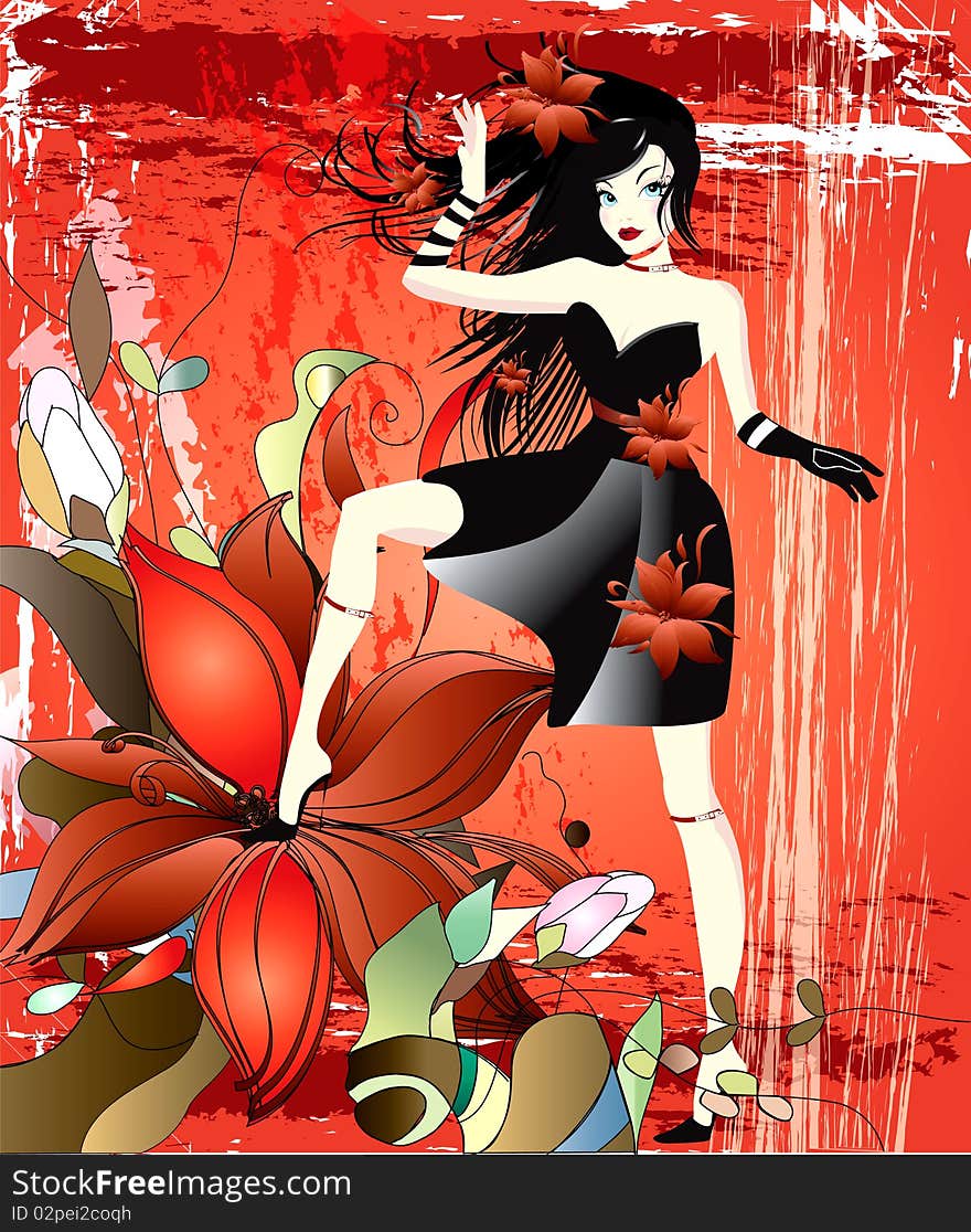 Illustration of a beautifull girl in a black dress on a red background. Illustration of a beautifull girl in a black dress on a red background