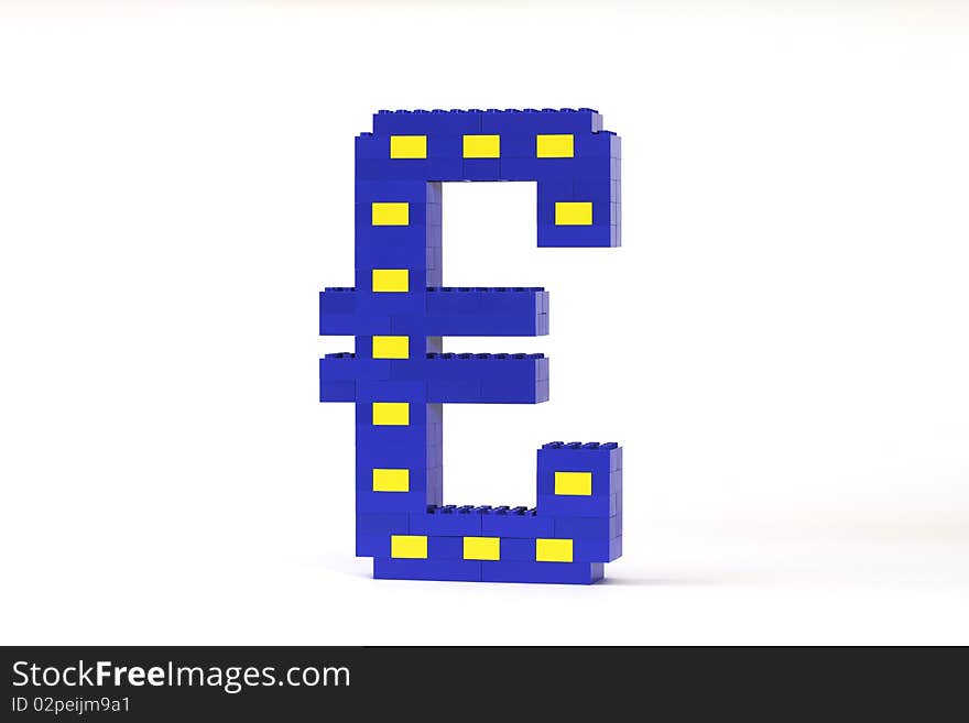 A blue and yellow Euro symbol constructed from toy bricks and shot against a white background at an angle to show it's 3D nature.  The design incorporates the Eureopean flag. A blue and yellow Euro symbol constructed from toy bricks and shot against a white background at an angle to show it's 3D nature.  The design incorporates the Eureopean flag.