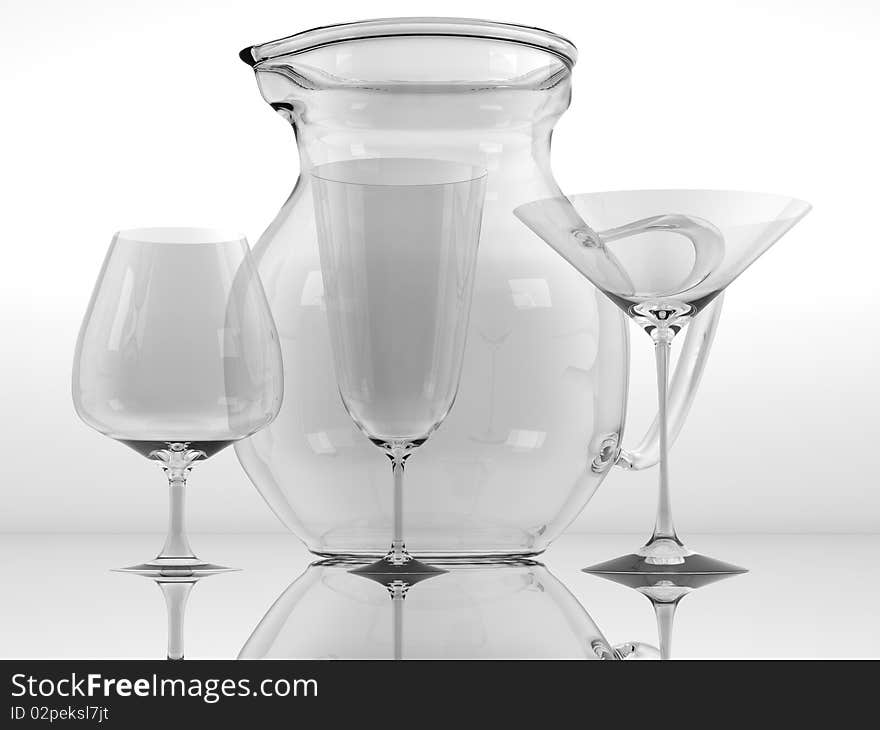 Pure glass collection with jug for drinks with reflection