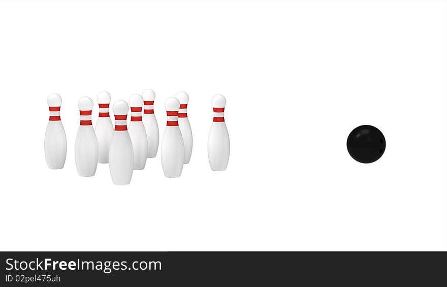 White skittles and black ball isolated on white, bowling, 3d render. White skittles and black ball isolated on white, bowling, 3d render