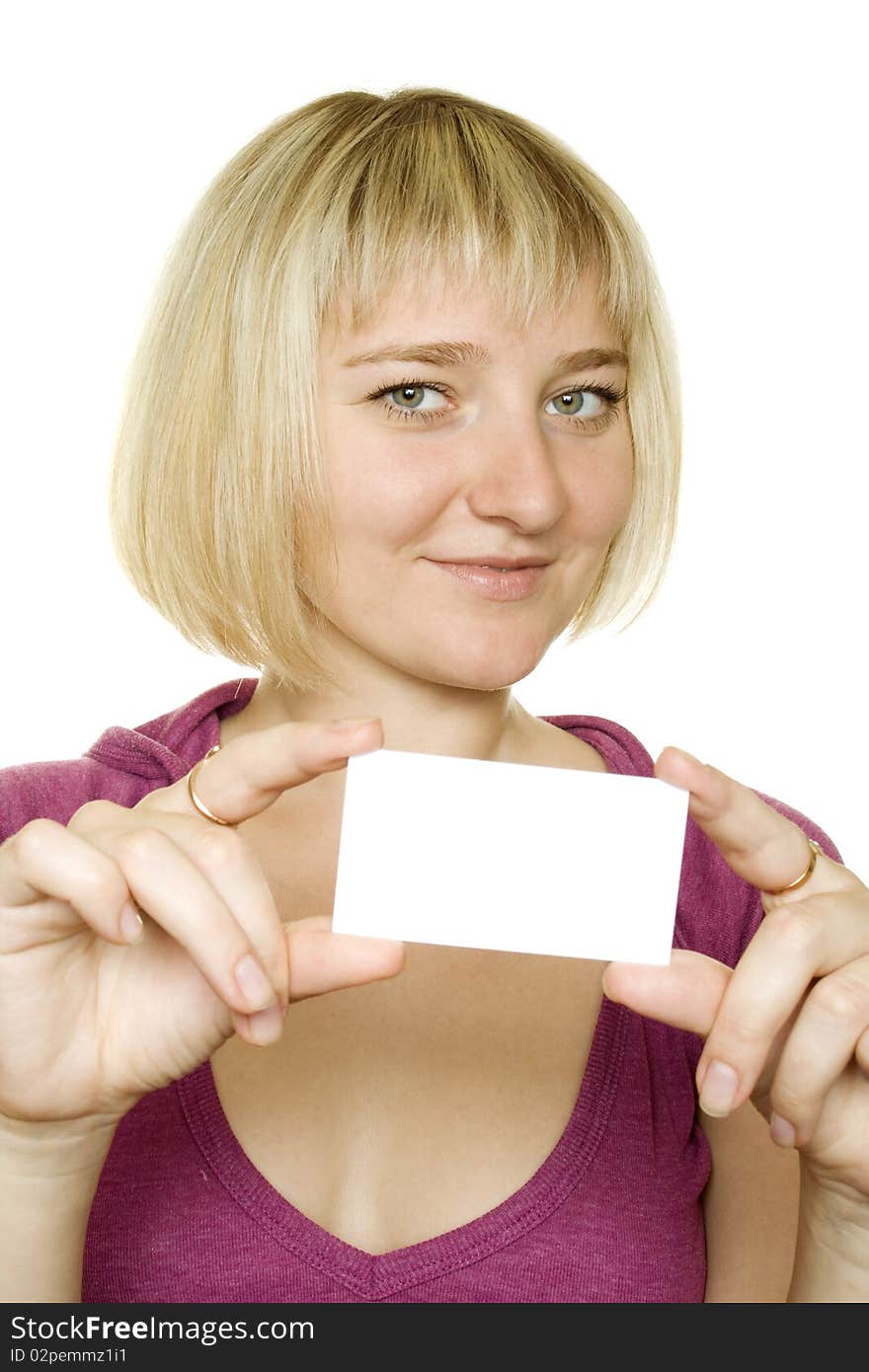 Young woman with a business card. Isolated in a matter of background