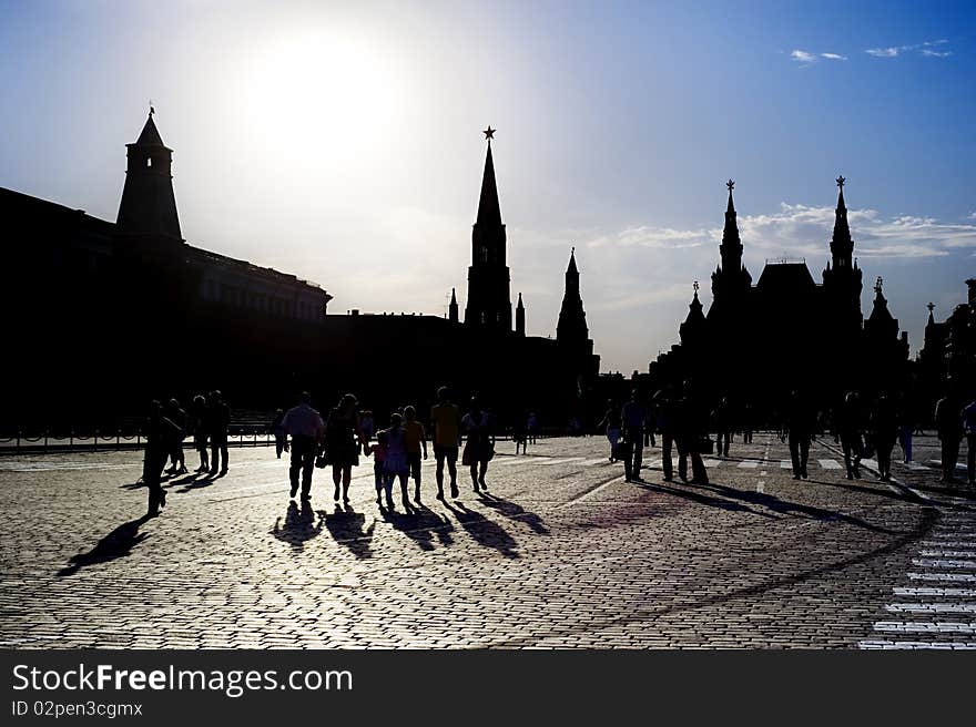 Silhouette of a people on Red Square in Moscow, Russian Federation. National Landmark. Tourist Destination.