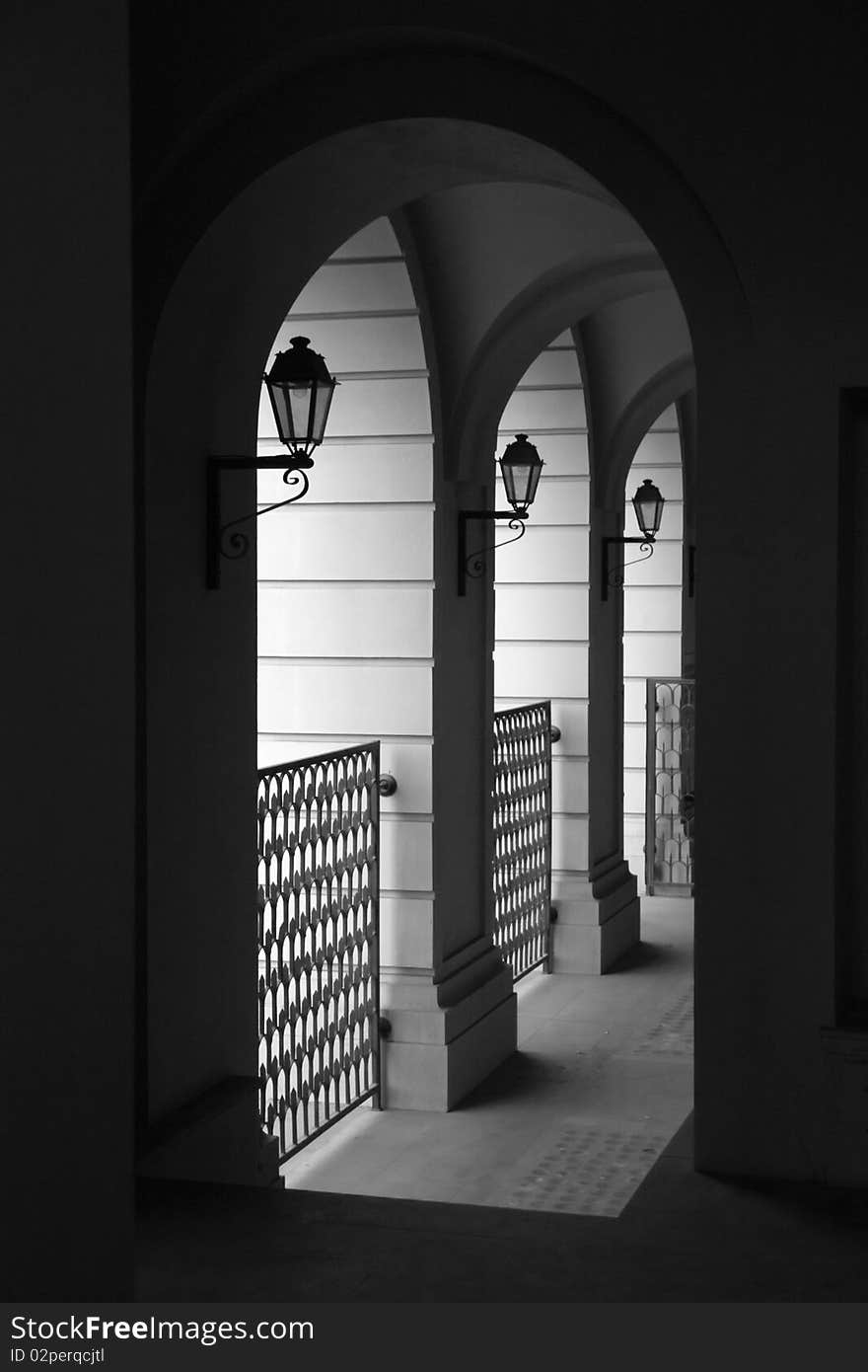 Classic architectural hallway with lanterns in city of Iasi, Romania