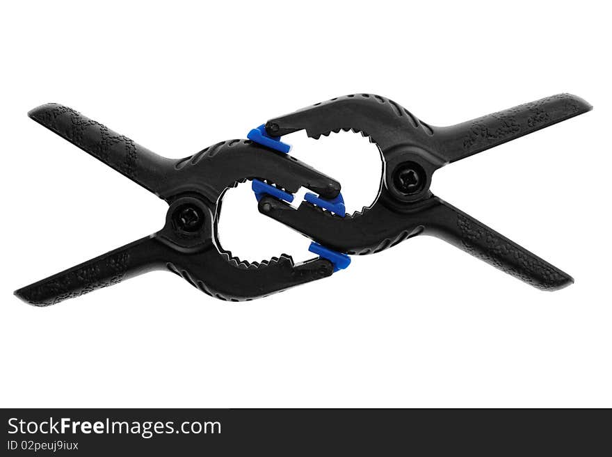 Two clamps with blue teeth. Composition on white background